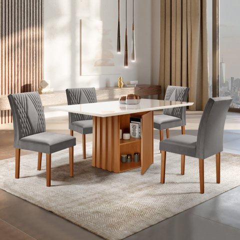 Conjunto Sala de Jantar Mesa Tampo Slim Plus Vidro 120x90cm com 4 Cadeiras Elis Yescasa