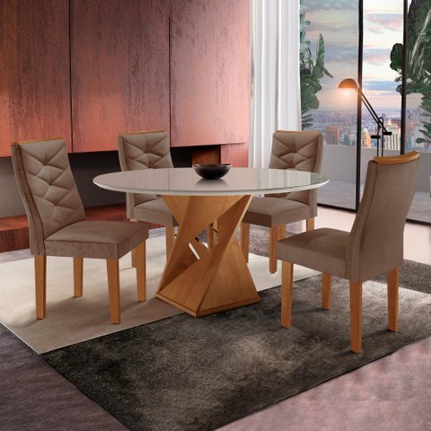 Conjunto Mesa Redonda com Vidro e 4 Cadeiras Tampo Barcelona Yescasa