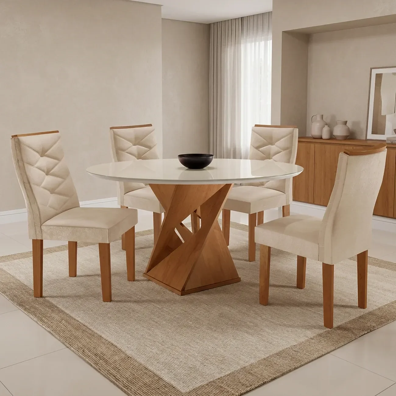 Conjunto Mesa de Jantar Redonda 4 Cadeiras Tampo de Vidro Barcelona Yescasa Cinamomo Off White