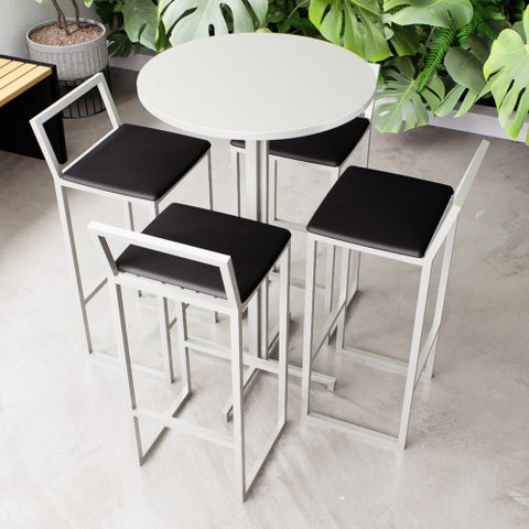 Conjunto Mesa Alta Bar Bistrô Redonda Branca 4 Banquetas Estofado Don Castro Decor