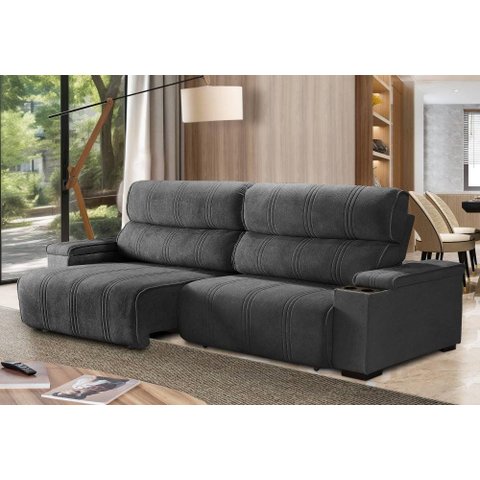 Sofá Retrátil e Reclinável Milão 3 Lugares Preto 2,50m Suede com Porta Copos Sofá Casa