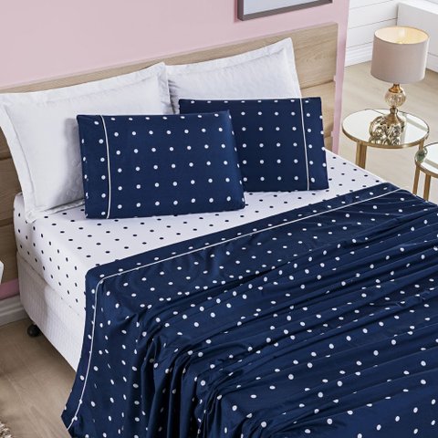 Jogo Cama Lençol Meggy Poá Casal Padrão Bolinhas Micropercal 200 Fios 4 Peças - Azul Marinho Casa Sc