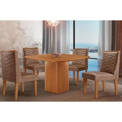 Sala Jantar Mesa Maldivas Tampo Curvo 90cm+4 Cadeiras Dafne Madeira Naturale - Capuccino/corano