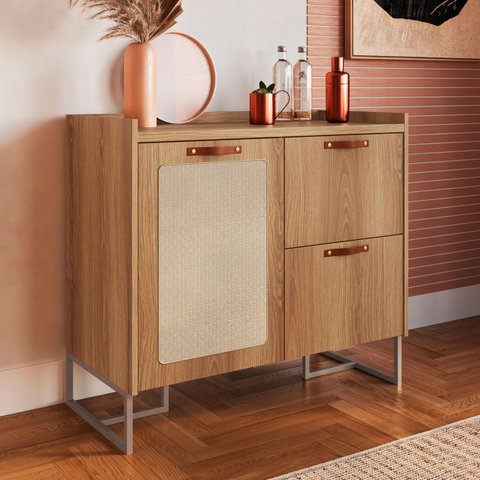 Buffet 90cm Tampo 25mm Puxador Couro Pés Aço Tela Natural:olmo