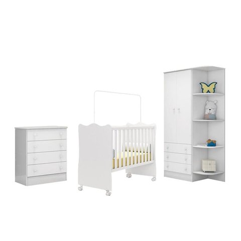 Quarto Infantil com Guarda Roupa 2 Portas 3 Gavetas com Cantoneira, Berço e Cômoda Meu Soninho Branc