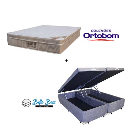 Cama Box Baú Queen 158 Suede Cinza com Colchão Ortobom Airtech Spring Pocket D26 Bege 70x158x198