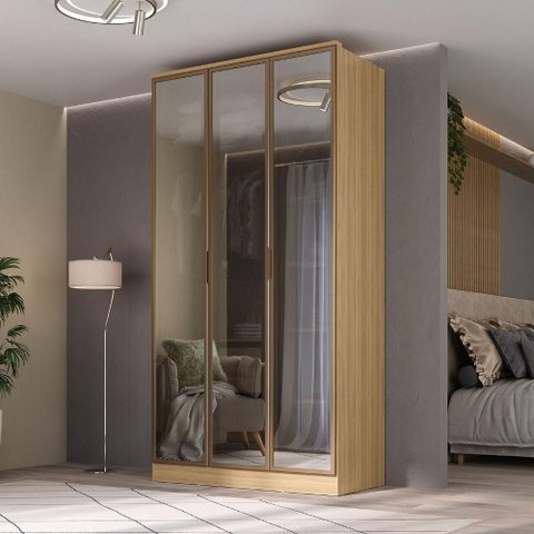 Guarda Roupa Solteiro 1,20m 3 Portas Reflecta e LED 100% MDF Cor:Olmo
