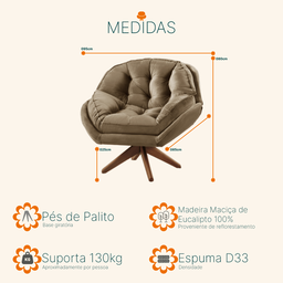 Poltrona Decorativa Pillow Top com Base Giratória Veludo Califórnia Camurça - Sofá Casa - 4