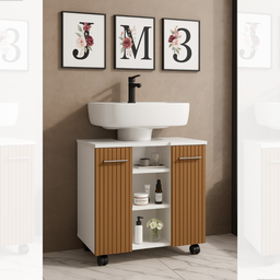 Gabinete com Duas Portas para Banheiro Rodízios Premium - Jm3 Móveis:branco/ripado - 3