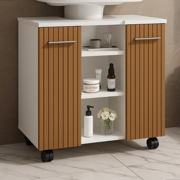 Gabinete com Duas Portas para Banheiro Rodízios Premium - Jm3 Móveis:branco/ripado Gabinete com Duas Portas para Banheiro Rodízios Premium - Jm3 Móveis:branco/ripado