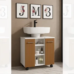 Gabinete com Duas Portas para Banheiro Rodízios Premium - Branco/ripado - 2 Gabinete com Duas Portas para Banheiro Rodízios Premium - Branco/ripado - 2