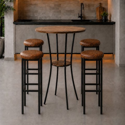 Conjunto Mesa Alta Bistrô Porto com 4 Banquetas Estofadas Kassel Cor Marrom - Kmj