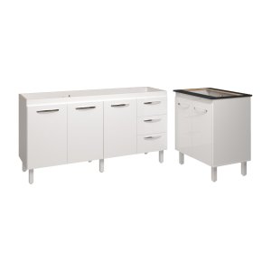 Armário Cozinha Balcão Gabinete de Pia 160 Cm Estela e Balcão Fran para Fogão Cooktop 5 Bocas Branco
