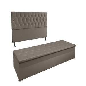 Conjunto Cabeceira Casal e Recamier Baú 1,40m Suede Bege