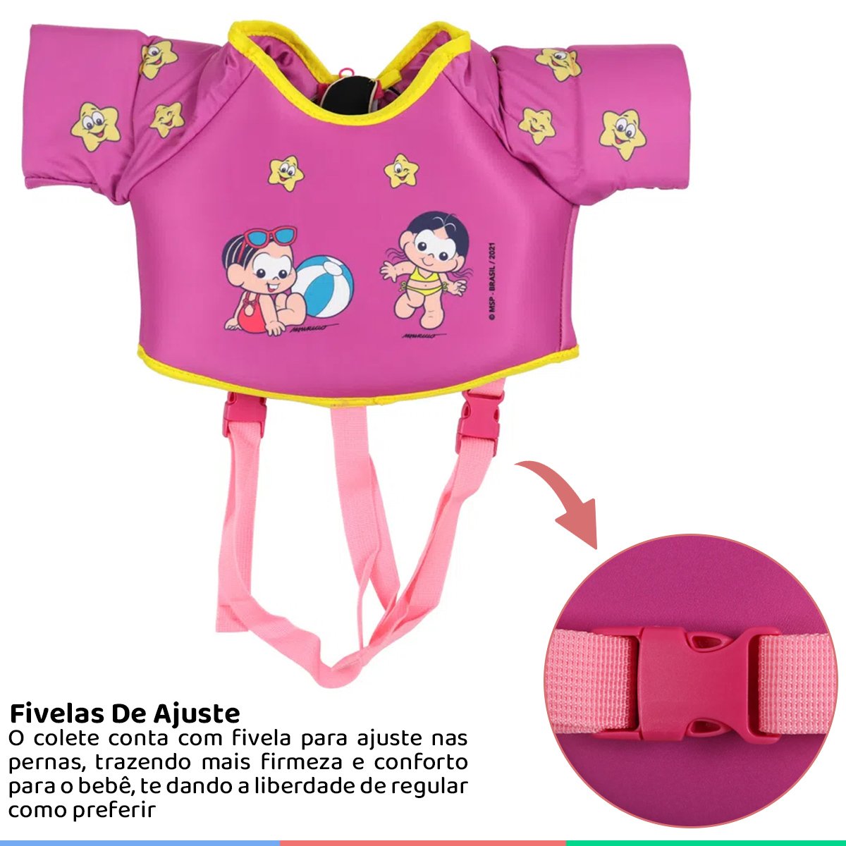Colete de Flutuação Infantil Salva Vidas Com Manga Segurança e Diversão Turma da Mônica Baby - Rosa - 3