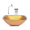 Ver imagem 1 de Cuba Quadrada 35cm Dourado Real + Valvula + Torneira Metal