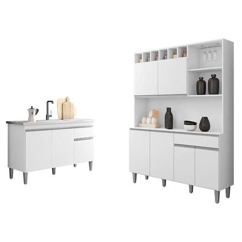 Balcão de Pia Tatiane 120 Cm e Armário Cozinha Kit Alice Branco Brilho - Ajl
