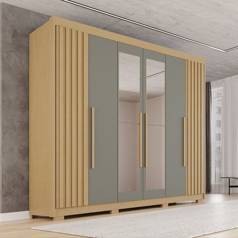 Guarda-Roupa Casal com Pés e Espelho 100% MDF 6 Portas 6 Gavetas Granada Premium Cinza/Jequitibá/Granizo