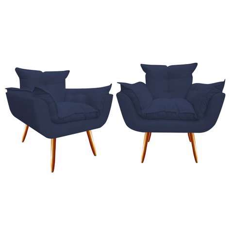 Kit 2 Poltronas Decorativa Opala Suede Azul Marinho Pés Madeira Ms Decor