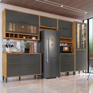 Cozinha Modulada 6 Peças 12 Portas 4 Gavetas e Vidro Reflecta 100% MDF Vicenza Espresso Móveis