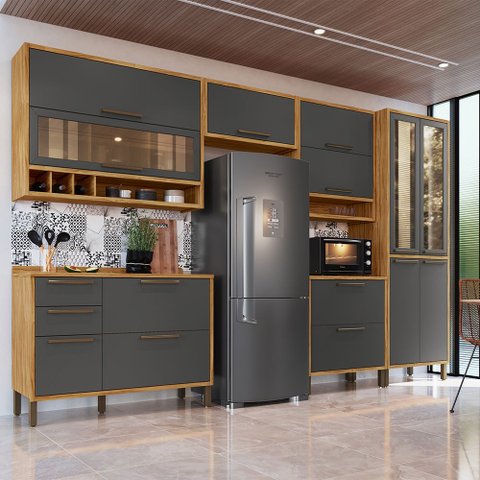 Cozinha Completa 100% Mdf 6 Peças 12 Portas 4 Gavetas e Vidro 354cm  Vicenza Espresso Móveis