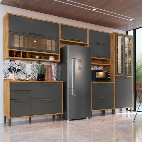 Cozinha Completa 100% Mdf 6 Peças 12 Portas 4 Gavetas e Vidro 354cm Vicenza Espresso Móveis