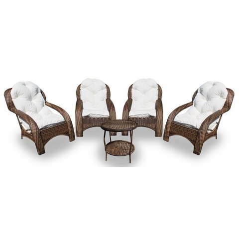 Conjunto de Poltronas Fibra Sintética Espreguiçadeira - 4 Poltronas + 1 Mesa Centro - Tecido Duna Cr
