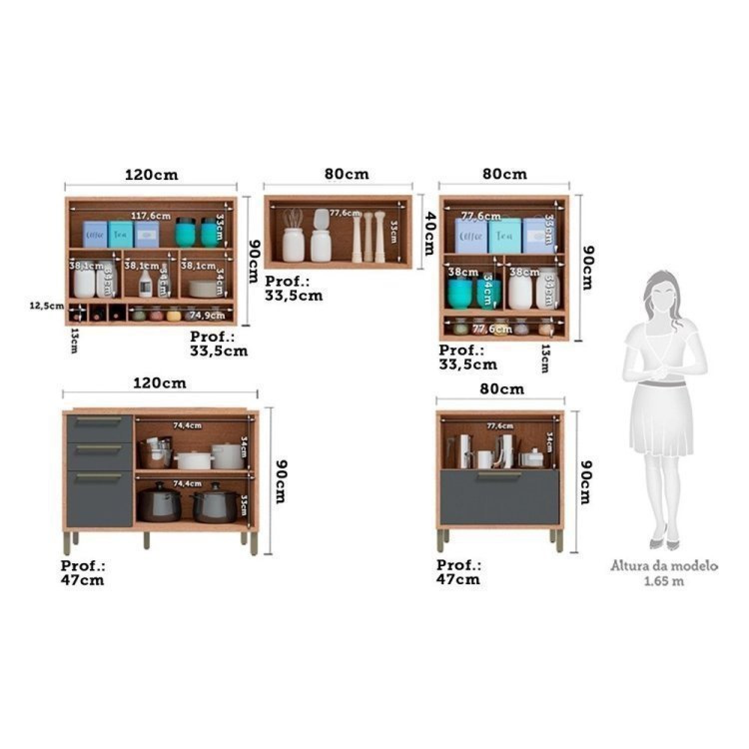 Cozinha Modulada Completa com 5 Peças 8 Portas 4 Gavetas e Vidro Reflecta 100% MDF Vicenza - 4