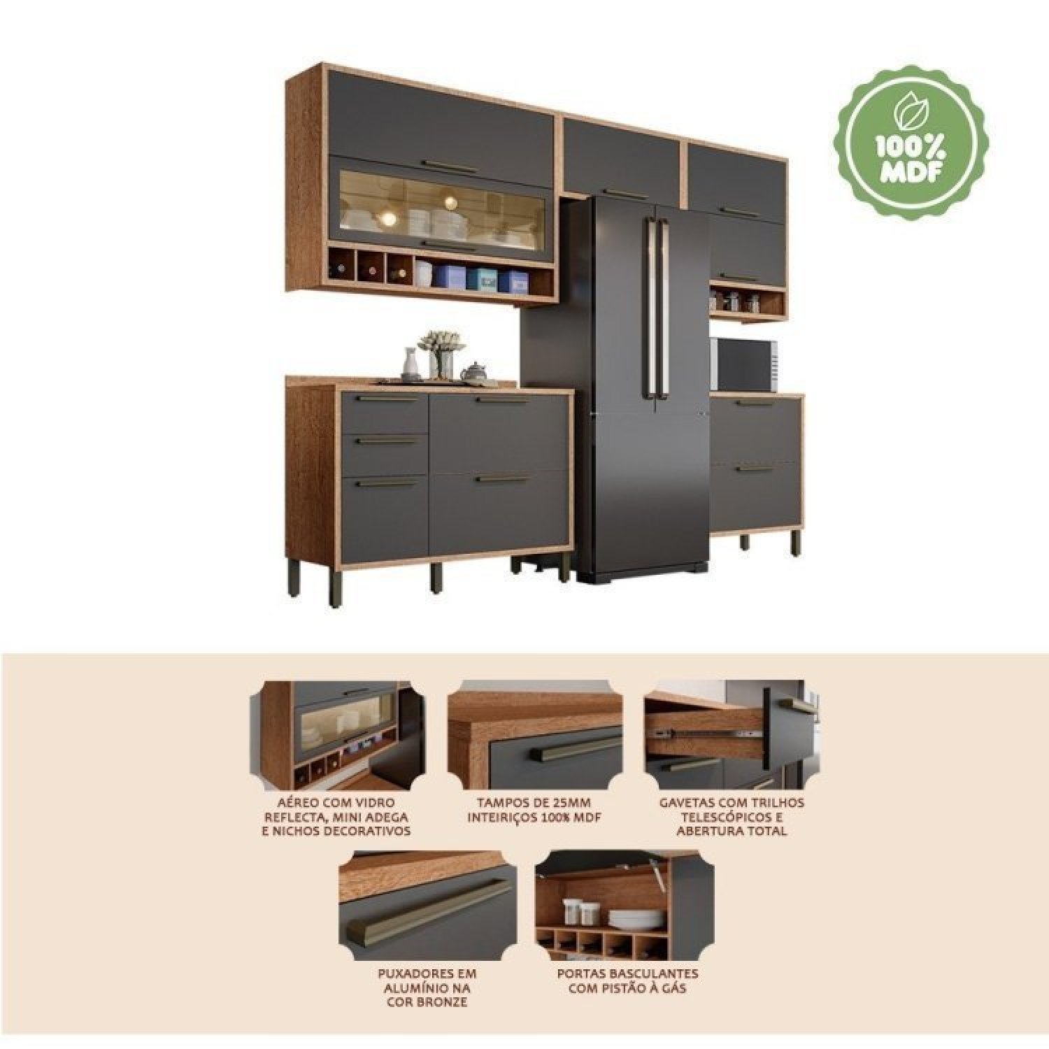 Cozinha Modulada Completa com 5 Peças 8 Portas 4 Gavetas e Vidro Reflecta 100% MDF Vicenza - 6