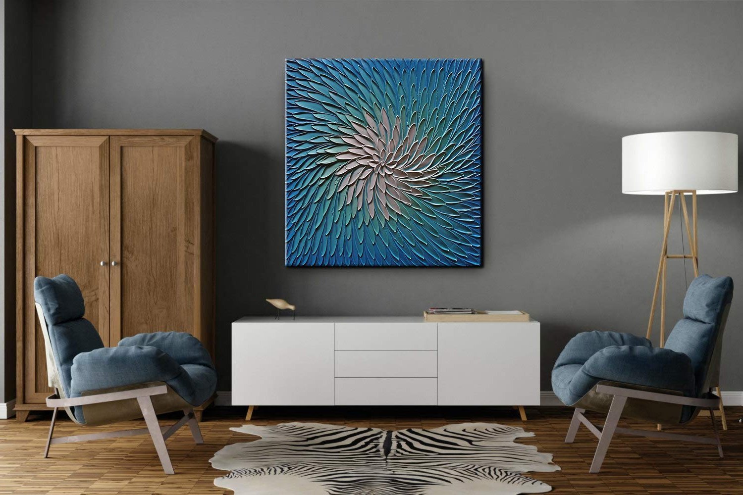 Quadro Pintura Tela finala branco óleo azul 5202: 100cm (A) x 100	cm (L) - 1