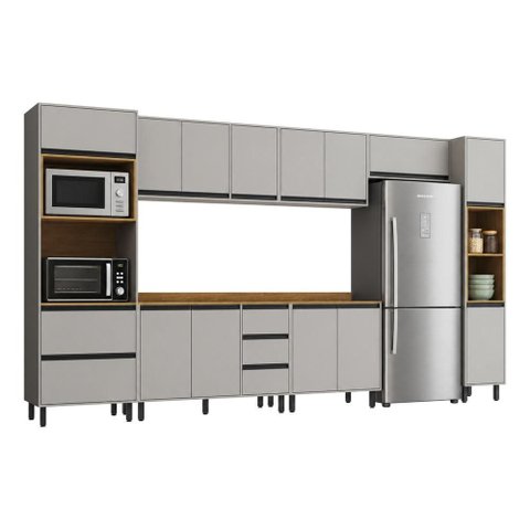 Cozinha Modulada Completa 7 Peças 220x391 cm Tóquio Cinza Móveis Casamia