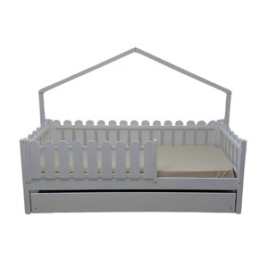 Bicama Solteirão Base Moldura Montessoriana Madeira Maciça Pinus - Branco - Grade Cercadinho Complet