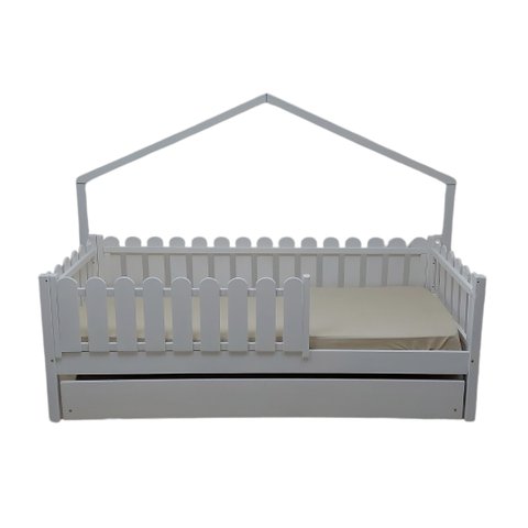 Bicama Solteirão Base Moldura Montessoriana Madeira Maciça Pinus - Branco - Grade Cercadinho Complet