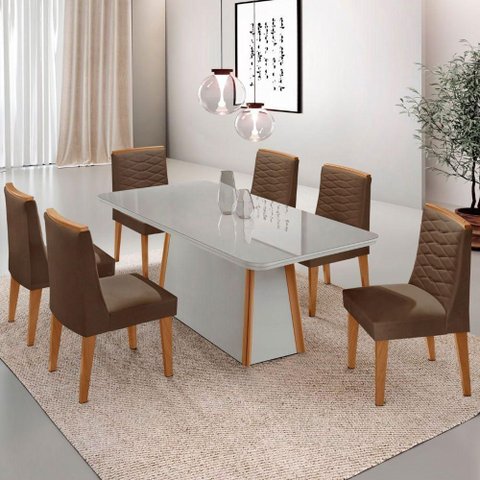 Mesa de Jantar Diane 180cm Mdf Vidro com 6 Cadeiras Moderna Veludo Marrom Off White Naturale