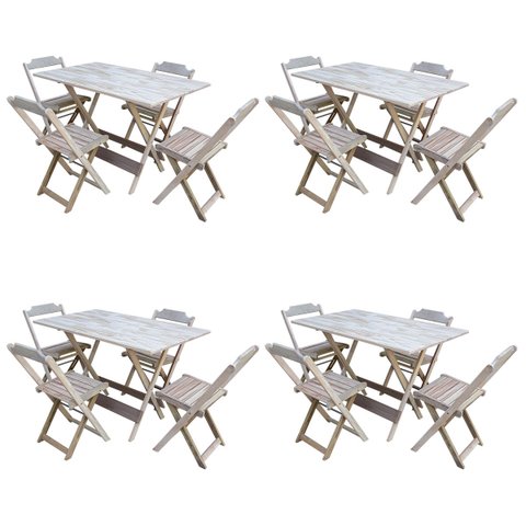 Kit 4 Conjuntos de Mesa com 4 Cadeiras de Madeira Dobrável 120x70 sem Pintura/Crua