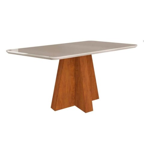 Mesa Multiuso Cozinha Maitê C/ Tampo Madeirado C/ Vidro Canto Curvo 130x80cm Nature/off White -