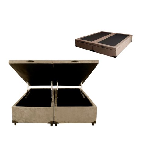 Cama Báu Box Base King Bipartido Suede Bege Blindado com Pistão a Gás.