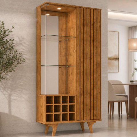 Cristaleira para Sala de Jantar com Adega 2 Portas Vidro Ripada Toscânia B02 Naturalle - Lyam Decor