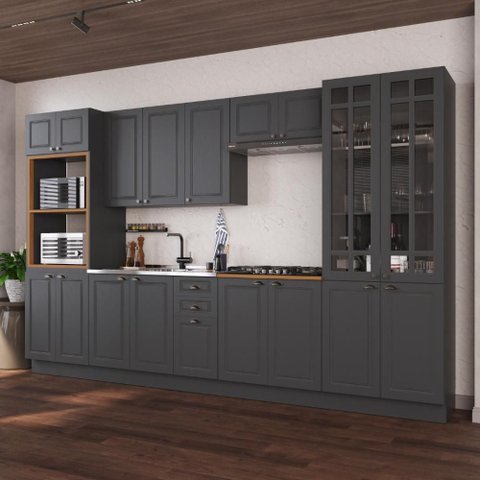 Armário de Cozinha Modulada Completa Fidelitá Nara 100% MDF 6 Peças 350cm 18 Portas 2 Gavetas sem