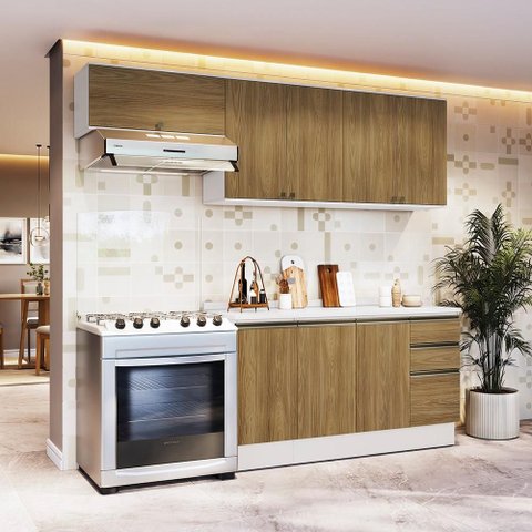 Armário de Cozinha Completa 100% Mdf 240cm Branco/nogueira Celeste Kappesberg