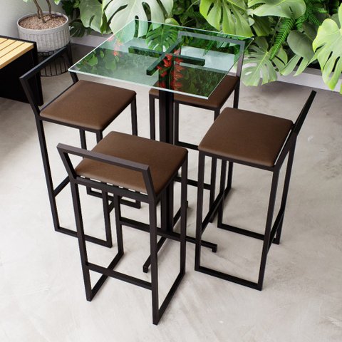 Conjunto Mesa Alta Bar Bistrô Quadrada Vidro 4 Banquetas Estofado Don Castro Decor