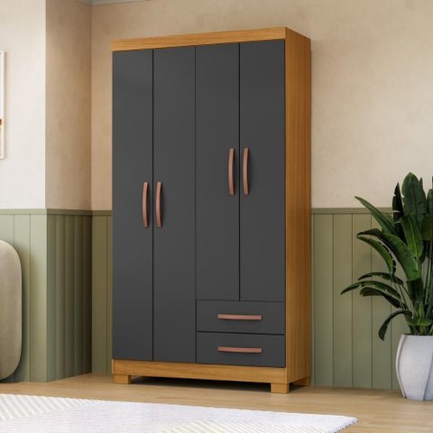Guarda-Roupa Solteiro com 4 Portas e 2 Gavetas 100cm Multimóveis CR35675 Madeirado/Cinza