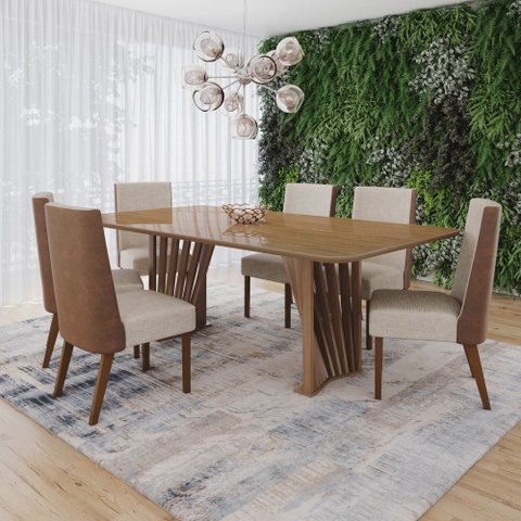 Conjunto Sala Jantar Mesa Adriana 200 cm Canto Arred C Vidro 6 Cadeira Anne Henn