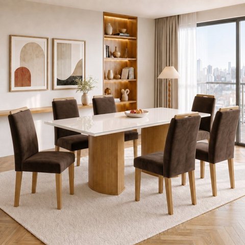 Conjunto de Mesa 6 Lugares com Tampo de Vidro Isla e Cadeiras Lyra Cinamomo e Marrom