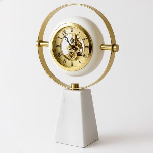 Relógio de Mesa Decorativo Mármore Branco e Dourado Skeleton Luxo 22x32cm