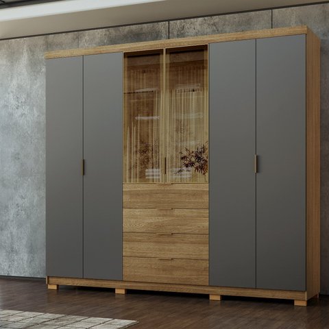 Guarda-Roupa Casal Reflecta 100% MDF 6 Portas 4 Gavetas Dubai Ouro Marrom/Nature/Alasca