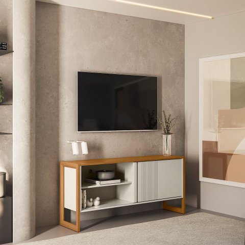 Rack Bancada Tv até 55" Sala 141cm Aparador Caleb Nature/off White L04 - D'Rossi