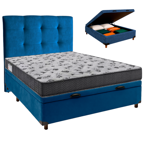 Cama + Bau Azul e Colchão Ortobom D33 Casal - Iso100 + Cabeceira