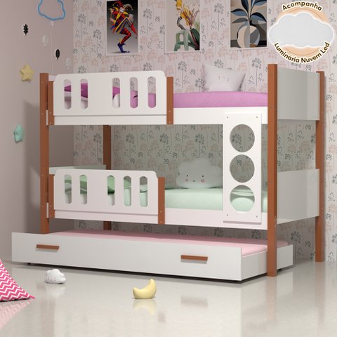 Beliche Solteiro Ônix com Cama Auxiliar Branco com Mel Acompanha Luminária Nuvem