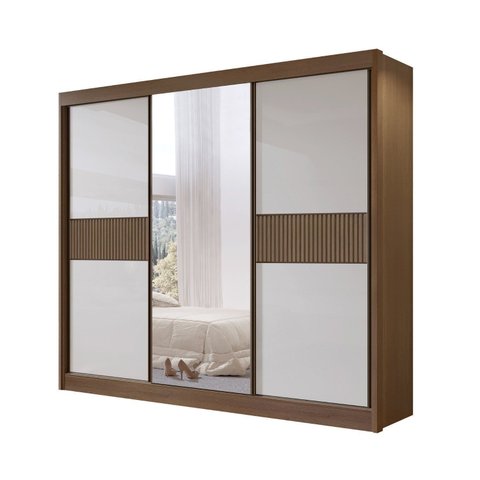 Guarda-roupa Casal Ripado 3 Portas de Correr com Espelho 100% Mdf Cristal
